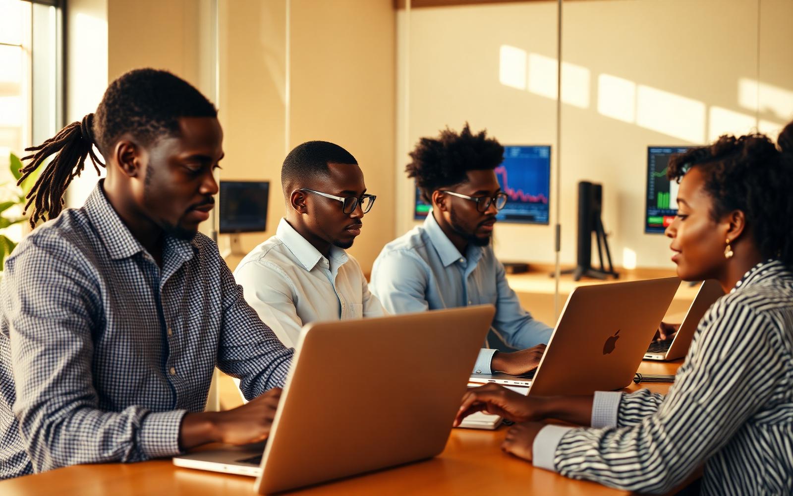 Young Kenyan traders analyzing NSE stocks on laptops
