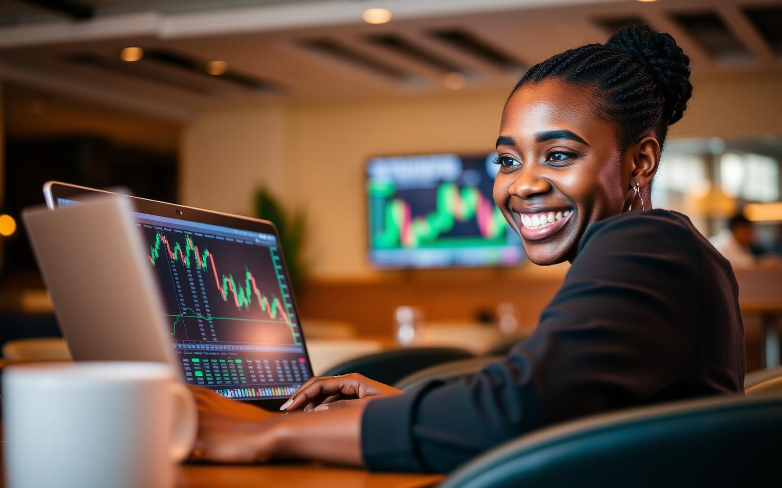 Kenyan woman investor smiling while reviewing stock charts