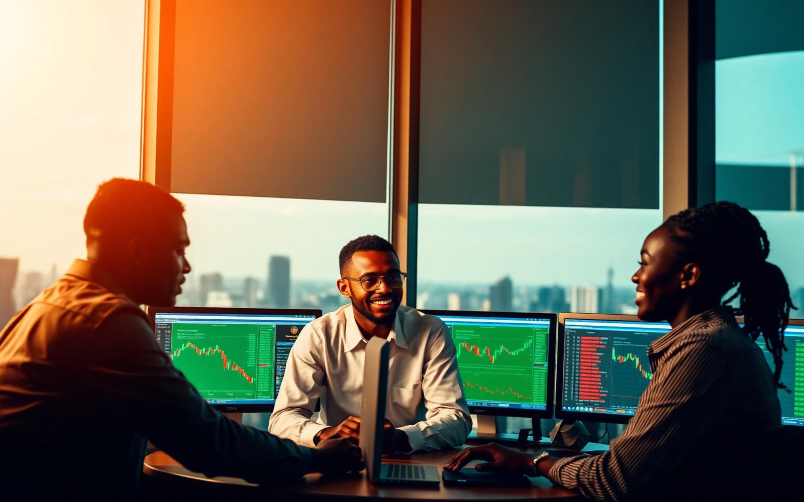 Team of young Kenyan investors collaborating on market data